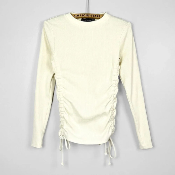 PrettyLittleThing Womens Small Ribbed Ruched Side Long Sleeve Top Cream - Picture 1 of 7